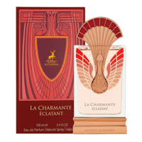 Maison Alhambra La Charmante Eclatant by Maison Alhambra 100ml EDP — Perfume bottle with ornate gold and red fan-like cap, next to its matching red and gold patterned box.