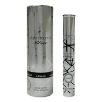 Armaf Club De Nuit Sillage 10ml EDP Pen Spray Unisex — A silver cylindrical box and a matching silver pen spray bottle with black geometric patterns and text "club de nuit Sillage" are displayed side-by-side against a white background. | Kotak silinder perak dan botol semburan pen perak yang sepadan dengan corak