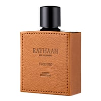 Rayhaan Corium oleh Rayhaan 100ml EDP — Botol bertekstur kulit coklat dengan penutup hitam, tertulis 'RAYHAAN', 'EAU DE PARFUM', 'CORIUM', dan 'LEATHER COLLECTION'.