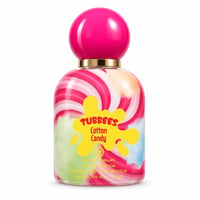 Grandeur Cotton Candy by Tubbees 50ml EDP Unisex — A clear glass perfume bottle with a pink spherical cap and gold accent, featuring a swirling pink, white, green, and blue candy-like design and a yellow splash label.