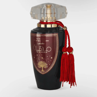 Lattafa Mohra by Lattafa 100ml EDP — Black perfume bottle with a red and gold label featuring Arabic script and a tree illustration, adorned with red tassels and a crystal cap.