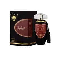 Lattafa Mohra by Lattafa 100ml EDP — Black box with gold tree motif next to a dark glass perfume bottle with a clear faceted cap and black tassel