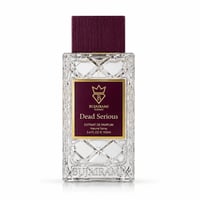 Bujairami Dead Serious by Bujairami 100ml Extrait Unisex — Clear faceted glass perfume bottle with a deep red textured cap and a rectangular label featuring a gold crown logo and "Dead Serious" text.