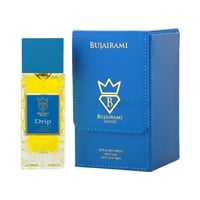 Bujairami Drip by Bujairami 100ml Extrait — Yellow perfume liquid in a clear glass bottle with a blue cap, next to a blue presentation box with gold logo.