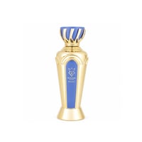 Bujairami Drip No. 7 Bujairami 100ml EDP — A tall, ornate gold perfume bottle with a blue accent panel and a crown-like gold and blue cap, set against a white background.