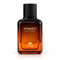 TADangel Dynasty pour homme EDP — Botol minyak wangi kaca ambar dengan penutup hitam bertekstur, tertulis teks emas.