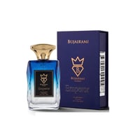 Bujairami Emperor by Bujairami 100ml EDP — Blue gradient glass bottle with gold cap, next to its navy blue presentation box with gold crown logo.