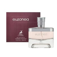 Maison Alhambra Euzonea — Rectangular glass perfume bottle with pink and clear liquid, silver textured cap, next to its maroon box with embossed lines and deer logo.