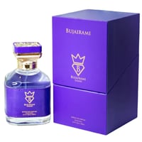 Bujairami Executor by Bujairami 100ml Extrait de Parfum — Purple bottle with gold accents and a jeweled cap next to its matching purple box with gold logo.
