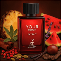 Maison Alhambra Your Touch Extrait — Red glass perfume bottle with black cap, surrounded by pineapple, watermelon slices, lavender, cinnamon sticks, red berries, cardamom pods, vanilla beans, and a chestnut.