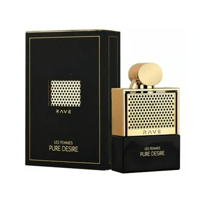 Rave Pure Desire Gold by Rave 100ml EDP — Black box with gold accents and a gold-accented perfume bottle with a gold cap, displayed together on a white background.