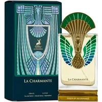 Maison Alhambra La Charmante — A bottle of La Charmante perfume with a peacock-inspired gold and green cap, next to its matching dark teal box with art deco design.