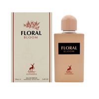 Maison Alhambra Floral Bloom — A beige perfume box and a matching beige perfume bottle are displayed side-by-side against a white background. The box features floral illustrations and text, while the bottle has a black label with the product name. | Maison Alhambra Floral Bloom — Kotak minyak wangi berwarna krim dan