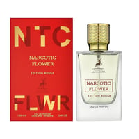 Maison Alhambra Flower Addiction Edition Rouge 100ml — A red and gold patterned box is displayed next to a clear glass perfume bottle with a gold cap, both featuring the same branding and text. | Maison Alhambra Flower Addiction Edition Rouge 100ml — Kotak corak merah dan emas dipaparkan di sebelah botol minyak wangi