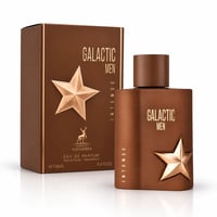 Maison Alhambra Galactic Men Intense by Maison Alhambra 100ml EDP — Brown perfume bottle and matching box with gold star accents, set against a white background.