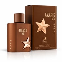 Maison Alhambra Galactic Men Intense by Maison Alhambra 100ml EDP — Brown matte bottle and matching box with gold star emblem and text 'Galactic Men Intense'
