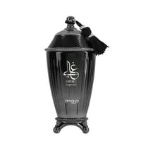 Zimaya Ghali Imperial Eau De Parfum — A black, ornate perfume bottle with a textured lid and a black tassel, featuring Arabic calligraphy and "GHALI imperial" text. | Zimaya Ghali Imperial Eau De Parfum — Botol pewangi hitam berhias dengan penutup bertekstur dan rumbai hitam, menampilkan kaligrafi Arab dan teks "GHALI