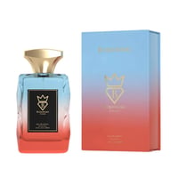 Bujairami Ghost by Bujairami 100ml EDP — A glass perfume bottle with a gold cap, featuring a blue-to-red gradient. Next to it is its matching blue-to-red gradient box with gold branding.