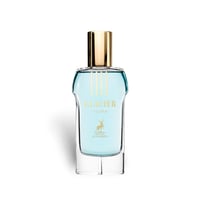 Maison Alhambra Glacier Flora 100ml — Botol kaca lutsinar berisi cecair biru muda, dengan penutup emas berkilat dan logo rusa emas di tengah
