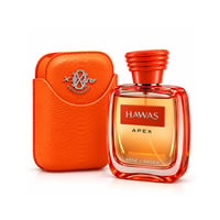 Kenz de Rasasi Hawas Apex — Orange perfume bottle with a textured orange case, featuring a silver emblem on the case.