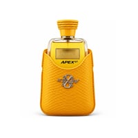 Kenz de Rasasi Hawas Apex GT — Yellow textured leather case holding a clear glass perfume bottle with yellow liquid, gold label, and braided yellow cap.