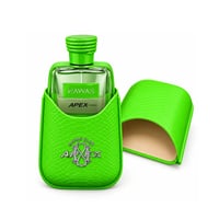 Kenz de Rasasi Hawas Apex Hybrid — Green textured leather case with open lid, holding a clear glass perfume bottle with green cap and label. Silver emblem on case.