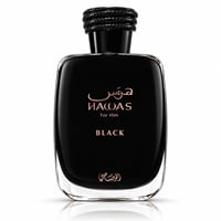 RASASI Hawas Black For Him — Botol minyak wangi kaca hitam dengan penutup hitam bertekstur, tulisan emas ros pada label.