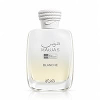 RASASI Hawas Blanche by Rasasi 100ml EDP — A clear glass perfume bottle with a white rope-like cap, featuring the brand name 'HAWAS' and 'BLANCHE' in grey text on a white label.