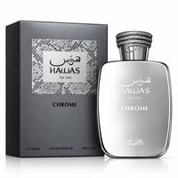 RASASI Hawas Chrome For Him by Rasasi 100ml EDP — Silver metallic perfume bottle and matching box with textured snake-skin pattern detail on the box