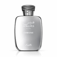 RASASI Hawas Chrome For Him by Rasasi 100ml EDP — A sleek, silver rectangular perfume bottle with a textured silver cap, displaying Arabic script, 'HAWAS', 'For Him', and 'CHROME' in white text.