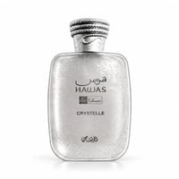 RASASI Hawas Crystelle by Rasasi 100ml EDP — Botol minyak wangi tona perak dengan kemasan retak bertekstur dan penutup perak berjalin, tertulis teks Arab dan Inggeris.