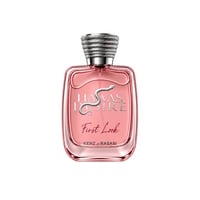 Kenz de Rasasi Hawas Desire First Look — Botol minyak wangi kaca merah jambu dengan rekaan ular perak dan penutup perak bertekstur, berlatar belakang putih.