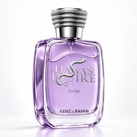 Kenz de Rasasi Hawas Desire For Her — Botol minyak wangi kaca ungu dengan rekaan ular perak dan penutup perak bertekstur, berlatar belakang putih.