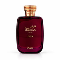 RASASI Hawas Diva by Rasasi 100ml EDP — A deep crimson glass perfume bottle with a textured gold cap, featuring gold Arabic and English text reading 'Hawas For Her DIVA' and 'Rasasi' at the bottom.