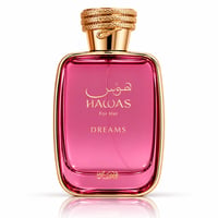 RASASI Hawas Dreams — Botol minyak wangi kaca merah jambu dengan aksen emas dan rekaan ular melingkar pada penutup, berlatar belakang putih.