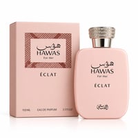 RASASI Hawas Eclat by Rasasi 100ml EDP — Pink perfume bottle and matching box with Arabic and English text, featuring a textured pattern and a crystal-embellished cap.