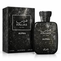 RASASI Hawas For Him Alpha by Rasasi 100ml EDP — A black textured box and a matching black textured perfume bottle with a braided cap, displayed side-by-side against a white background.