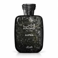 RASASI Hawas For Him Alpha by Rasasi — A black textured perfume bottle with a braided black cap, featuring white Arabic and English text.