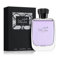 Rasasi Hawas For Him Eau De Parfum 100ml — Botol kaca ungu jernih dengan penutup kelabu berjalin, berdiri di sebelah kotak hitam bertekstur kulit ular.