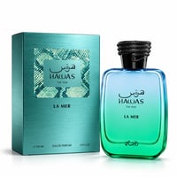 RASASI Hawas For Him La Mer by Rasasi 100ml EDP — Teal textured box and gradient blue-green glass bottle with black textured cap, set against a white background.