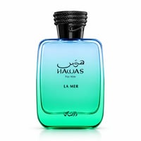 RASASI Hawas For Him La Mer by Rasasi 100ml EDP — A clear glass perfume bottle with a blue-to-green gradient, featuring Arabic and English text, and a textured black cap.