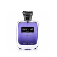 Kenz de Rasasi Hawas For Him Le Parfum — Purple glass bottle with black textured cap, black label with Arabic and English text, white background.