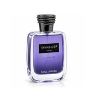Kenz de Rasasi Hawas For Him Le Parfum — A clear glass perfume bottle with purple liquid, featuring a black label with silver Arabic and English text, and a black snake-shaped cap.