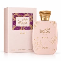 RASASI Hawas Glitz by Rasasi 100ml EDP — Pink perfume bottle with gold glitter accents and a textured gold cap, next to its matching pink textured box with a purple and gold mosaic pattern.