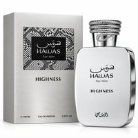 RASASI Hawas Highness by Rasasi 100ml EDP — Silver box and matching silver bottle with ornate cap, featuring Arabic and English text.
