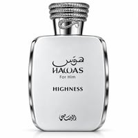 RASASI Hawas Highness by Rasasi 100ml EDP — White rectangular bottle with silver trim and a coiled snake design on the cap. Text reads 'HAWAS For Him HIGHNESS' in Arabic and English.