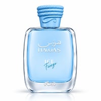 RASASI Hawas Ice Freeze by Rasasi 100ml EDP — A light blue glass perfume bottle with a textured blue cap, featuring Arabic and English text.