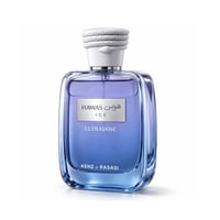 Kenz de Rasasi Hawas Ice Ultradose — Botol minyak wangi kaca jernih berisi cecair gradien biru ke ungu, label perak bertulis Arab dan Inggeris, dan penutup putih bertekstur dengan rekaan ular.