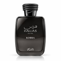 RASASI Hawas Kobra by Rasasi 100ml EDP — Black glass perfume bottle with a coiled snake-like black cap, featuring white Arabic and English text 'HAWAS For Him KOBRA'
