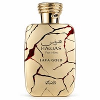 RASASI Hawas Lava Gold by Rasasi 100ml EDP — A gold perfume bottle with a cracked lava-like design and red accents, featuring Arabic script and the text "HAWAS For Him LAVA GOLD". The cap is adorned with a coiled gold snake.